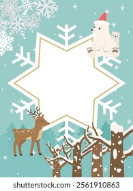 Winter cute forest animals. vector frame.