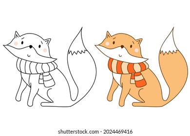 Winter cute fox in a scarf. animal character collection - Line, outline and color drawing. Vector illustration For kids collection, coloring, For childrens play and book, printing, design, postcards 