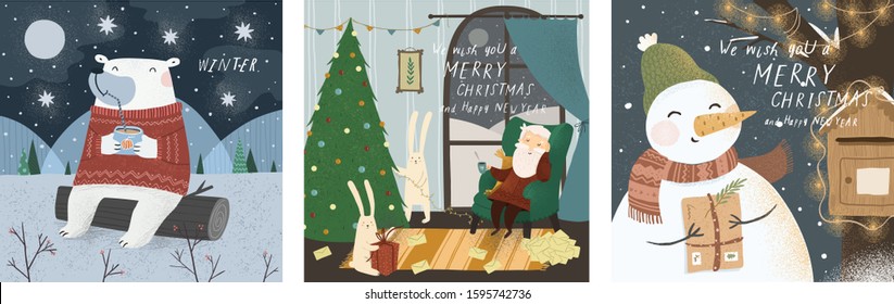 Winter cute greeting cards. Vector character illustrations: White teddy bear in the north, santa claus house and snowman. Drawings for happy new year and christmas
 
