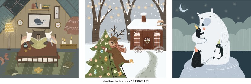 Winter cute greeting cards. Vector fairy-tale illustrations of animals: bears in the house, a polar bear with penguins in the north and a deer with a Christmas tree. Drawings for happy new year	
