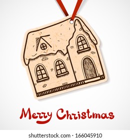 Winter cute house. Paper label on ribbon. Christmas and New year design element