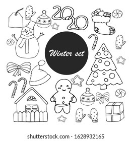 Winter cute illustration. Set made in vector. Cute doodle for post cards, posters and seasonal design