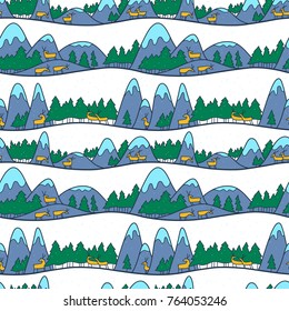 Winter cute landscape. Christmas seamless pattern with deers, mountains and pine trees. Vector background for New Year wrapping, textile, seasonal greeting cards in line art style