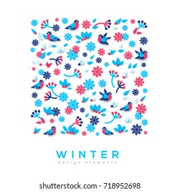 Winter cute paper cut background. Vector illustration. Floral natural shapes, snowflakes, berries and leaves, flying bullfinch