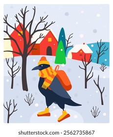 Winter cute rural landscape with raven in warm outfit in front. Vector illustration.