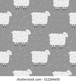Winter Cute Seamless Christmas pattern sheep and christmas tree on gray background. Vector illustration