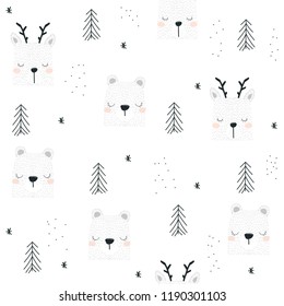 Winter cute seamless pattern with animals and spruce trees. Holiday background. Vector hand drawn illustration.