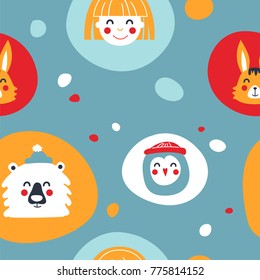 Winter cute seamless pattern includes  penguin, rabbit, bear, girl.