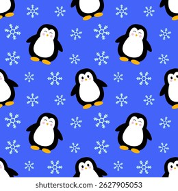 Winter cute seamless pattern with penguins and snowflakes on blue background. Design for children. Seamless texture for print, textile, fabric