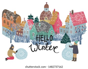 Winter cute vector illustration with old town and kids sculpting snowman.