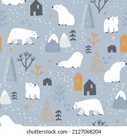 Winter cute white bear seamless repeat pattern. Polar bear vector all over print for kids. Cute animal, mountain and trees background for fashion, textile, stationary, wall paper. 