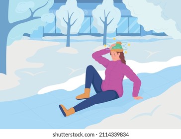 Winter dangerous situation flat color vector illustration. Urban park in december. Everyday situation. Woman slipped on iced 2D cartoon character with urban cityscape on background