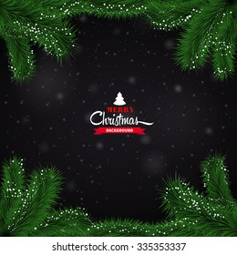 Winter dark abstract background with spruce twigs. Christmas vector frame