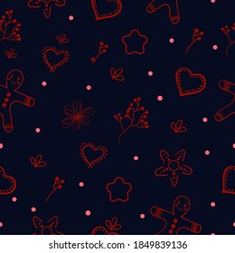 Winter dark background with gingerbread. Red and blue. Seamless pattern. Vector background. Christmas repeating texture for surface designs, wallpapers, fabrics, wrapping paper, and more.