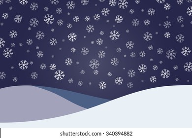 Winter dark blue background with snowflakes and hills of snow. Space for text. Eps10.