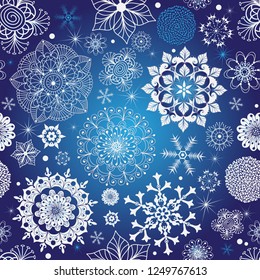 Winter dark blue seamless pattern with snowflakes and stars (vector eps 8)