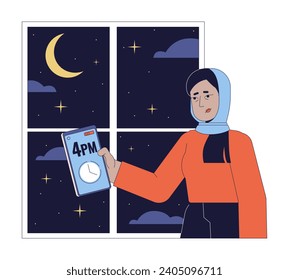 Winter dark days bring depression line cartoon flat illustration. Tired woman hijab 2D lineart character isolated on white background. Seasonal affective disorder cause scene vector color image