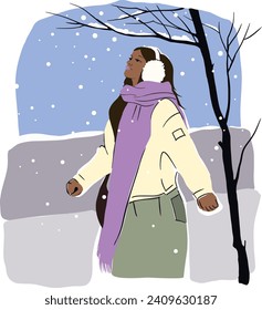 Winter, dark skinned girl in snow, holidays, vector