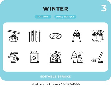 Winter Dashed Outline Icons Pack for UI. Editable Stroke. Pixel perfect thin line vector icon set for web design and website application.