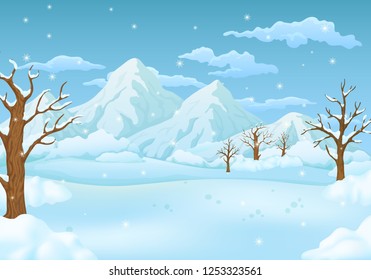 Winter day background. Snowy fields with leafless trees, snow covered mountains, falling snoflakes and blue sky with clouds.