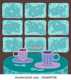 Winter day in the cafe with frosty patterns on the window and cups of coffee on the table. Romantic card Valentine's Day or New Year.