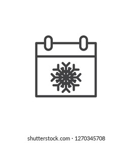 Winter day calendar outline icon. linear style sign for mobile concept and web design. Calendar with snowflake simple line vector icon. Symbol, logo illustration. Pixel perfect vector graphics