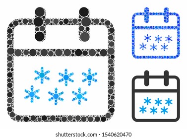 Winter day composition of spheric dots in various sizes and color tinges, based on winter day icon. Vector round dots are composed into blue composition.