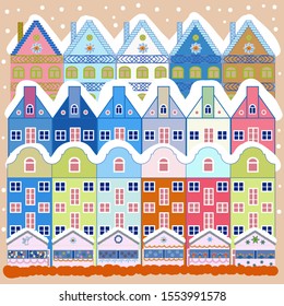 Winter day in cosy town street scene. Vector illustration. Buildings and facades. Snowfall on Christmas eve. Classic European houses landscape with Christmas holiday decorations. Vector illustration.