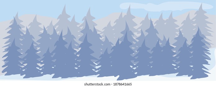 Winter Day, Forest Scenery, Forest, White Snowy Pine Trees, Mountain background in the distance and blue clouds, Flat Vector Illustration