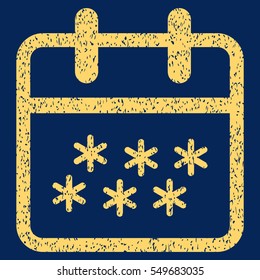 Winter Day grainy textured icon for overlay watermark stamps. Flat symbol with scratched texture. Dotted vector yellow ink rubber seal stamp with grunge design on a blue background.