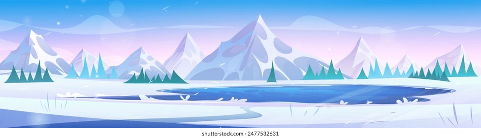 Winter day landscape with little lake in foot of rocky mountains. Cold northern panoramic scenery with high hill peaks, frozen water in pond, green pine trees, gradient blue and pink sky and snowflake