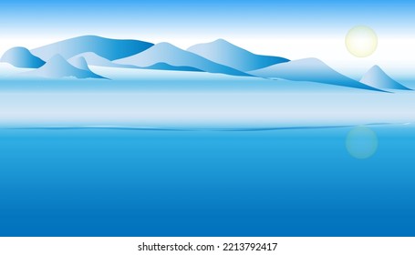 Winter day landscape with mountains, vector landscape blue sea, background, sea, snow, wallpaper, art
