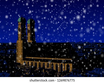 Winter day in Munich, Germany. Marienplatz and Frauenkirche in snowy night
