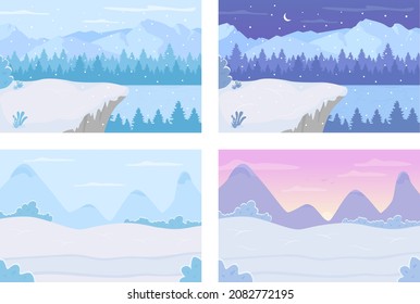 Winter day and night land flat color vector illustration set. Frozen lake in daytime. Meadow hills during sunset. Scenic nature. Seasonal 2D cartoon landscape with snow on background collection