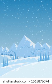 Winter day on forest and mountains in snowfall, landscape with white snow on fir trees. Vector illustration EPS 10