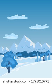 Winter day on forest and mountains on landscape with white snow on fir trees. Vector illustration EPS 10