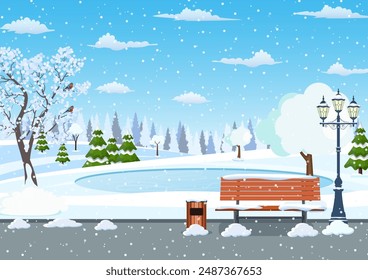 Winter day park scene. Snow covered wooden bench with street lamp and trash can. Christmas landscape background with snow and tree. Merry christmas holiday. Vector illustration in flat style