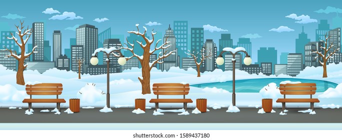 Winter day park, street vector illustration. Benches, bins and street lamps on a park trail with a frozen lake, cityscape with skyscrapers, snow covered leafless trees and bushes in the background. 