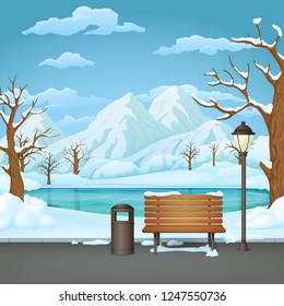 Winter day park vector illustration. Snow covered wooden bench, trash bin and street lamp on an asphalt park trail with a frozen lake or river, bare trees and snowy mountains in the background.