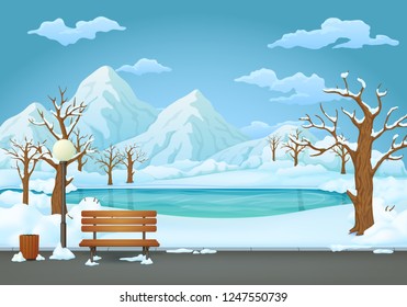 Winter day park vector illustration. Snow covered wooden bench, trash bin and street lamp on an asphalt park trail with a frozen lake, snowy mountains, leafless trees and bushes in the background.