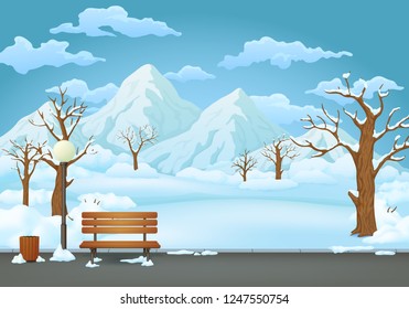 Winter day park vector illustration. Snow covered wooden bench, trash bin and street lamp on an asphalt park trail with snowy mountains, bare trees and bushes in the background.