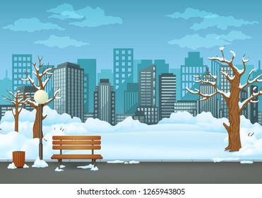 Winter day park vector illustration. Snow covered wooden bench, trash bin and street lamp on an asphalt park trail with cityscape with skyscrapers, bare trees and bushes in the background.