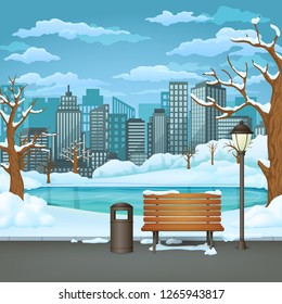 Winter day park vector illustration. Snow covered bench, trash bin and street lamp on an asphalt park trail with a frozen lake or river, bare trees and cityscape with skyscrapers in the background.