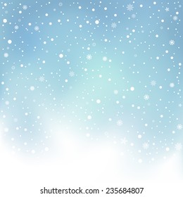 The winter day snowfall and blue mesh sky background