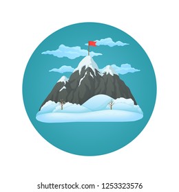 Winter day vector icon. Snowy mountain with three peaks with red flag on the summit, snow covered hills and clouds on a blue circle. Success, achievement, winning concept.