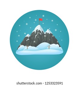 Winter day vector icon. Snowy mountain with three peaks with red flag on the summit, snow covered hills and falling snow on a blue circle. Success, achievement, winning concept.