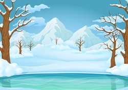 Winter Day Vector Illustration. Frozen Lake Or River With Snow Covered Leafless Trees And Bushes. Snowy Hills, Mountains And Meadows In The Background.