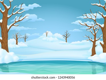 Winter day vector illustration. Frozen lake or river with snow covered leafless trees and bushes. Snowy hills, meadows and blue sky with clouds on the background.