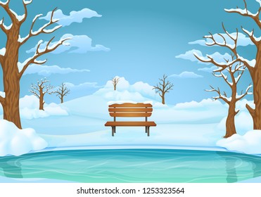 Winter day vector illustration. Frozen lake or river with snow covered wooden bench, leafless trees and bushes. Snowy hills, meadows and blue sky with clouds in the background.