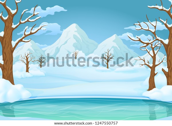 冬の日のベクターイラスト 雪の降った湖や川は 葉のない木や茂みに覆われている 背景に雪の多い丘 山 牧草地 のベクター画像素材 ロイヤリティフリー